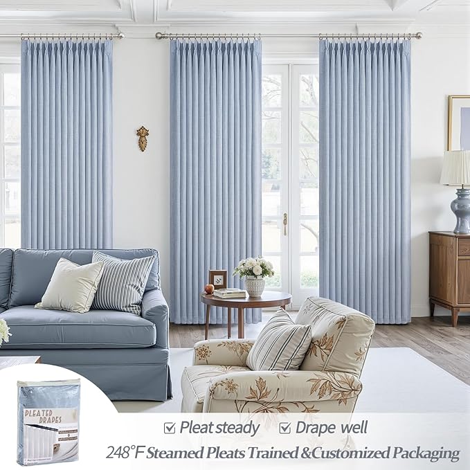 Blackout Baby Blue Viral Curtains for Bedroom 84 Inches Long 2 Panels Set, Memory Trained Pinch Pleated Double Layer Thick Linen Blend Soundproof Thermal Textured Windows Curtain & Drapes 7 FT Length