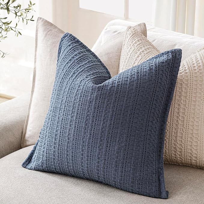 Foindtower Set of 2 Decorative Cotton Waffle Weave Throw Pillow Covers Euro Shams Cushion Covers Accent European Pillowcase for Bed Couch Sofa Bedroom Living Room Home Decor 24×24 Inch Blue