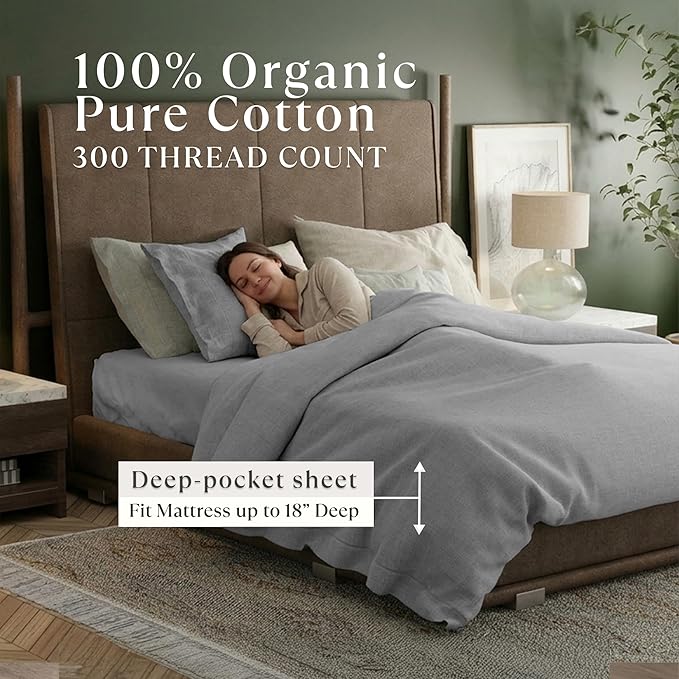 Delilah Home 100% Organic Cotton Queen Flat Sheet Set, GOTS & Vegan.org Verified, Long Stem 300 TC Sateen Bedding, Non-Synthetic, Deep Pocket Fitted Linen, Lightweight, All-Season, 4 Piece Set - Grey