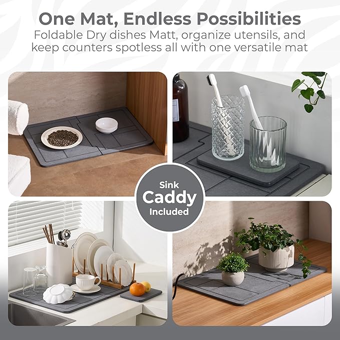 Large Stone Drying Mat for Kitchen Counter+Sink Caddy, 100% Natural Stone Dish Drying Mat, Quick Drying, Non-Toxic, BPA-Free, JIGSAW Drying Matt Kitchen Counter (Dark Gray 24"×16" & 8"x4")