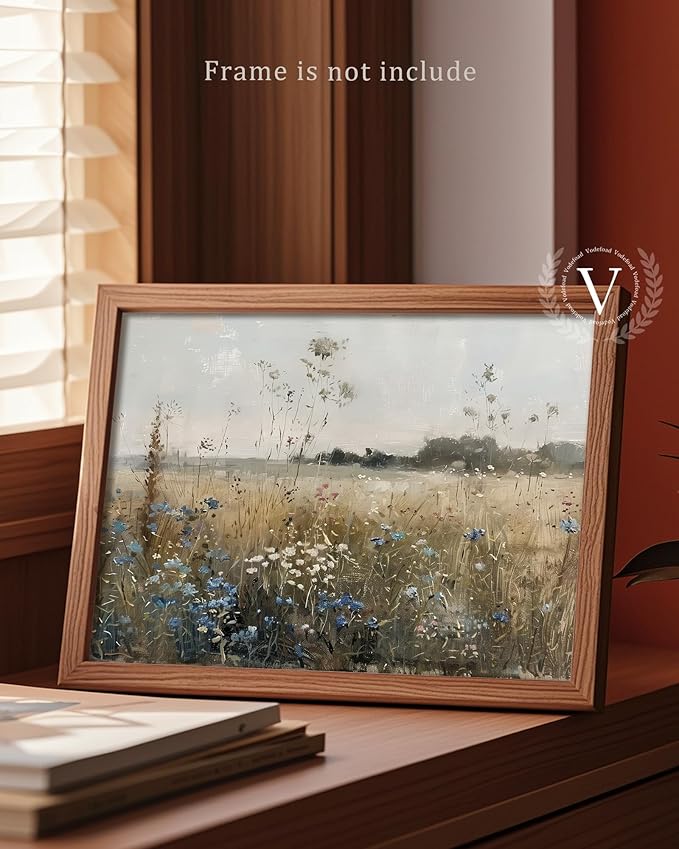 Vodefoad Wildflower Field Landscape Oil Painting, Vintage Spring Landscape Print, Cottagecore Landscape Wall Art, Retro Blue Wildflower Wall Art, Retro Botanical Art, Summer Spring Canvas Decor for Gallery Home Bedroom Farmhouse Bedroom - 8x10Inch Unframe
