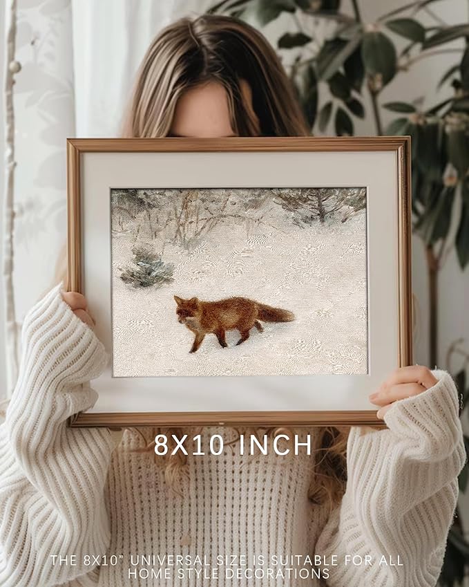 Vodefoad Vintage Fox in the Snow Winter Print Fox in Winter Christmas Retro Landscape Oil Painting Antique Winter Landscape Watercolor Animal Picture Aesthetic for Bedroom Bathroom Living Room Christmas Decor Painting Holiday Art - 8x10Inch Unframe