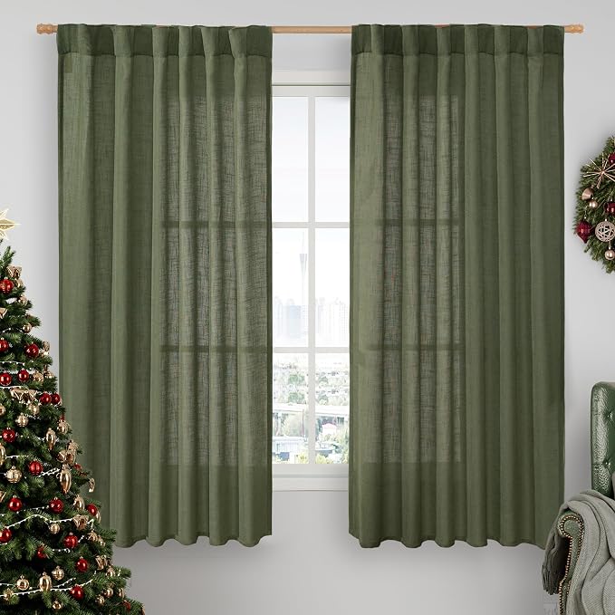 LAMIT Olive Green Semi Sheer Linen Curtains 60 Inch, Light Filtering Neutral Window Panels Farmhouse Boho Back Tab and Rod Pocket Drapes for Bedroom, 2 Panels, 52 x 60 Inch