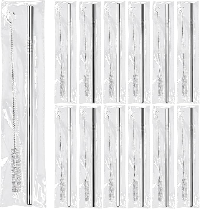 16 Pack 8.5 Inch Reusable Stainless Steel Straws Individually Wrapped,16 Straight Metal Straws with 16 Cleaning Brushes,Reusable Metal Straw for 20 oz Tumblers,Cold Drinking Stainless Steel Straw