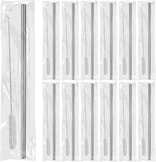 16 Pack 8.5 Inch Reusable Stainless Steel Straws Individually Wrapped,16 Straight Metal Straws with 16 Cleaning Brushes,Reusable Metal Straw for 20 oz Tumblers,Cold Drinking Stainless Steel Straw