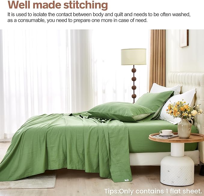 BISELINA Linen Sheet French Flax Flat Sheet Only 55% Euro Linen 45% Cotton Basic Style Solid Color Soft Breathable Farmhouse Top Sheet 1-Piece (Twin, Khaki Green)