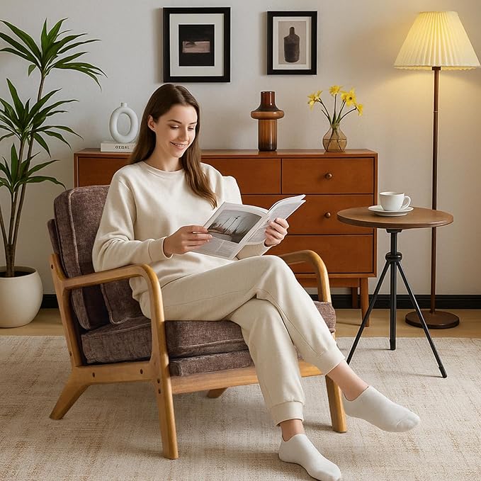 Karl home Mid-Century Modern Accent Reading Chair, Brown | Chenille Upholstered, Solid Wood Frame, Soft Cushion, Lumbar Pillow, Lounge Armchair for Living Room, Bedroom, Balcony, Study