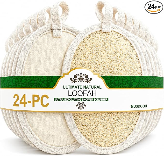 Natural Loofah Exfoliating Body Scrubber Pads, 24 Pack Dual Sided Shower Bath Loofah Sponge, Gentle Exfoliating Body Scrub for Men Women Full Body Cleansing
