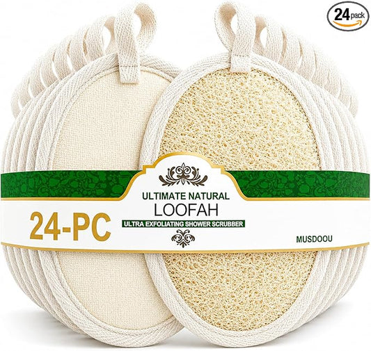 Natural Loofah Exfoliating Body Scrubber Pads, 24 Pack Dual Sided Shower Bath Loofah Sponge, Gentle Exfoliating Body Scrub for Men Women Full Body Cleansing