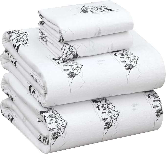 RUVANTI Flannel Sheets Queen Size - 100% Cotton Double Brushed Bed Sheets, Deep Pockets 16 Inches Queen Sheet Set, All Seasons Breathable & Extra Soft - Warm & Cozy, 4 Piece, Soul Dog White