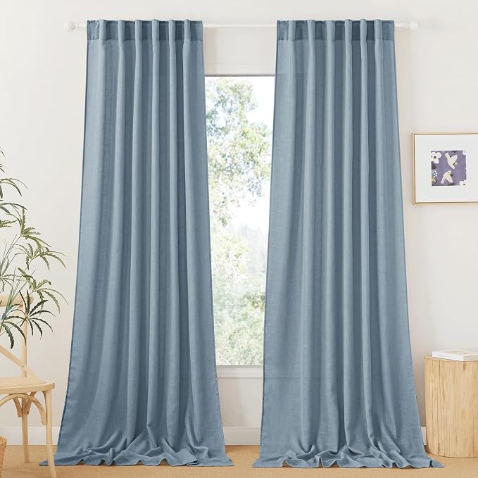 RYB HOME Linen Curtains 108 inches Long, Extra Long Floor Sweeping Semi Sheer Curtains Light Filtering Privacy Linen Blend Drapes for Sliding Glass Door Living Room, 52" inches Wide, Dusty Blue