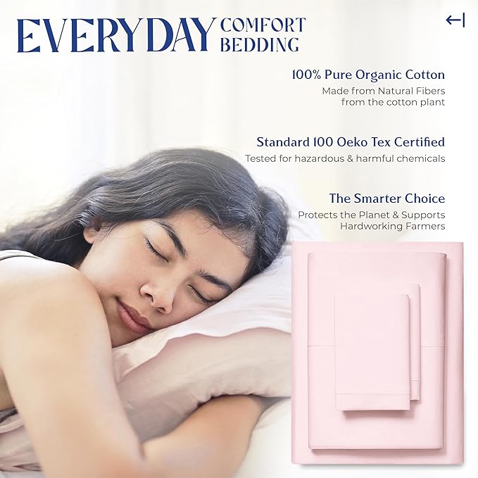 Mayfair Linen 100% Organic Cotton Sheets King Size - 4 PC Organic Cotton King Size Percale Weave Sheet Set, Soft, Cooling, Crisp & Breathable, 16" Deep Pocket Hotel Quality Bedding Set - Blush