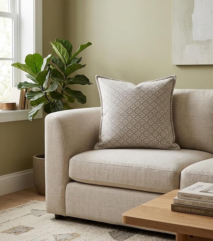 SanVia Cotton Throw Pillow Covers 20x20 – Handwoven Jacquard Texture, Fade-Resistant, No Pilling – Hidden Zipper, Decorative Cushion Cover for Sofa, Couch, Bed – Insert Not Included (Floral, Grey)