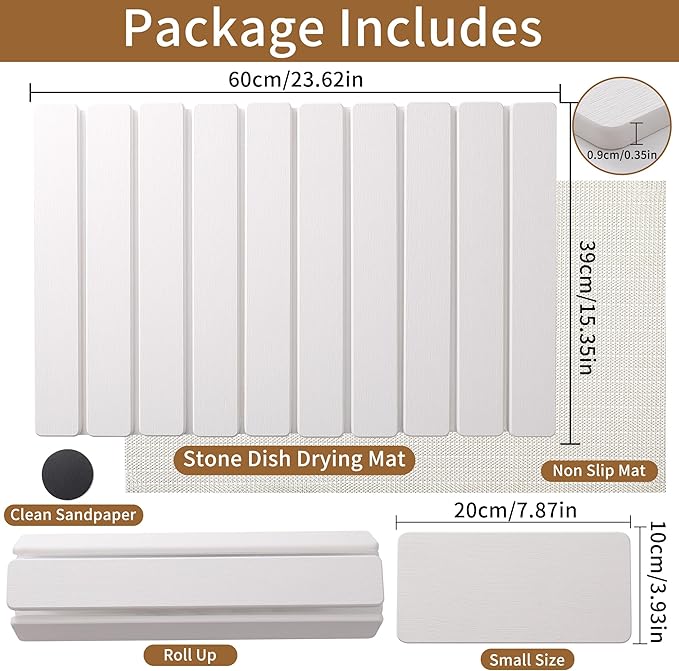 2PCS Large Stone Dish Drying Mat for Kitchen Counter, Fast Dry Diatomaceous Earth Mat – Foldable Stone Mat for Dishes, Utensils, Soap Dish – Non-Slip & Heat Resistant – (23.6"×15.3" & 8"×4") – White