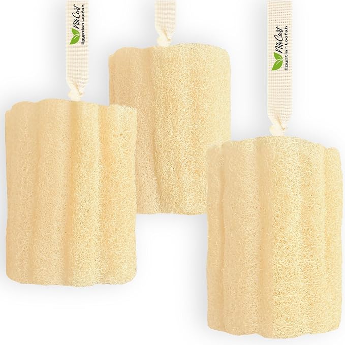 NileCart Natural Loofah Pack of 3 Scrubbies for Body Egyptian lufa Body Scrubber - A Natural Body Exfoliator Scrubber Loofah for Men & Women Made of Egyptian Luffa Sponges for Bath & Shower