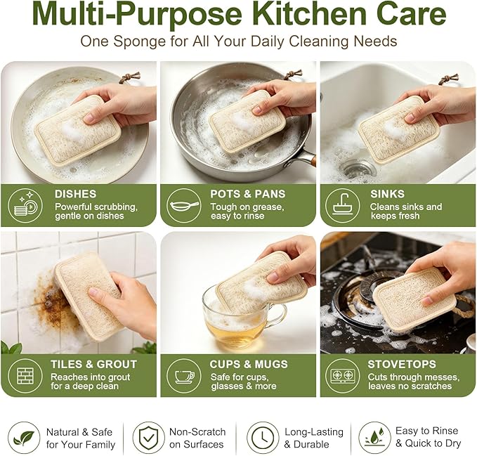 Natural Loofah Dish Scrubber Sponges, 6 Pack Large Plant-Based Kitchen Cleaning Pads, Compostable Non-Scratch Scouring Sponge for Dishes, Sink, Grout and Tile, 4.4 x 2.8 in