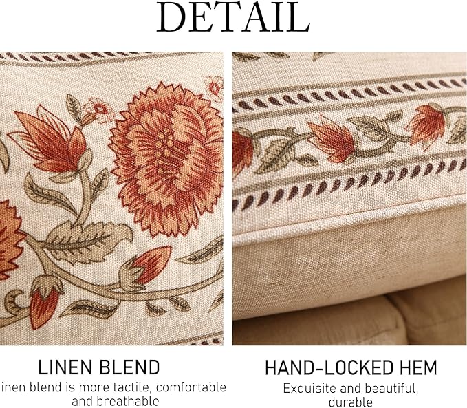 ISAENNE Design Linen Rectangle Vintage Throw Pillow Covers 12"x20" Pack of 2, Brick Red Cushion Covers with Orange Floral Green Leaves Pattern Decor Pillowcases for Bed,Living Room,Outdoor,Car