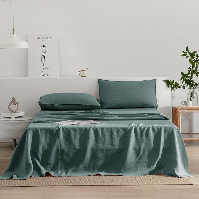 EVERLY Linen Sheets King Size,100% Stonewashed Pure French Linen Sheets 16Inch Deep Pocket Sheets,3Pieces (1Flat Sheet,1Fitted Sheet,2Pillowcase) Natural Flax Soft and Breathable For Hot Sleepers-Aqua