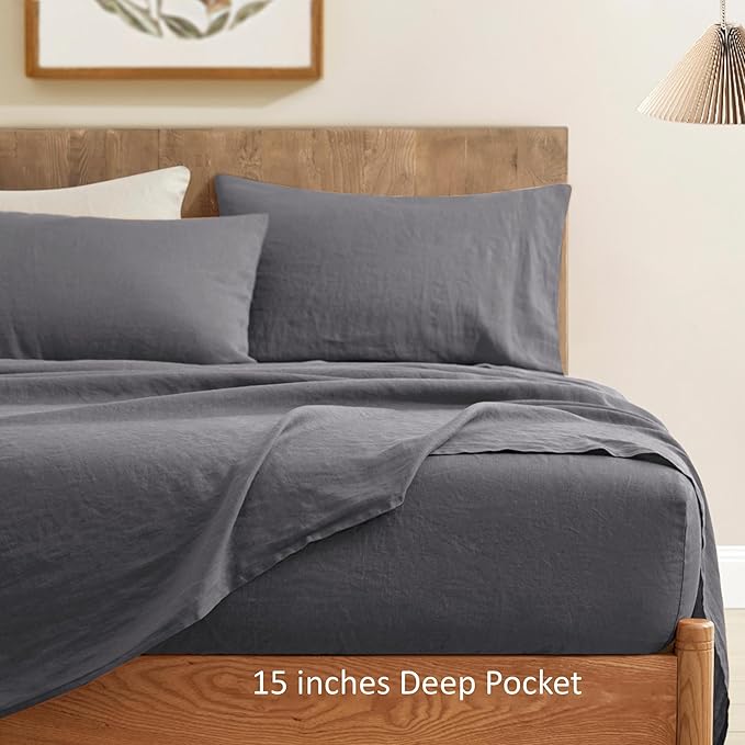 ATLINIA 100% Pure Flax Linen Bedding Set - Stone Washed French Linen Fabric Deep Pocket Fitted Sheet Farmhouse Flat Sheet 2 Pillowcases (Dark Grey, King)