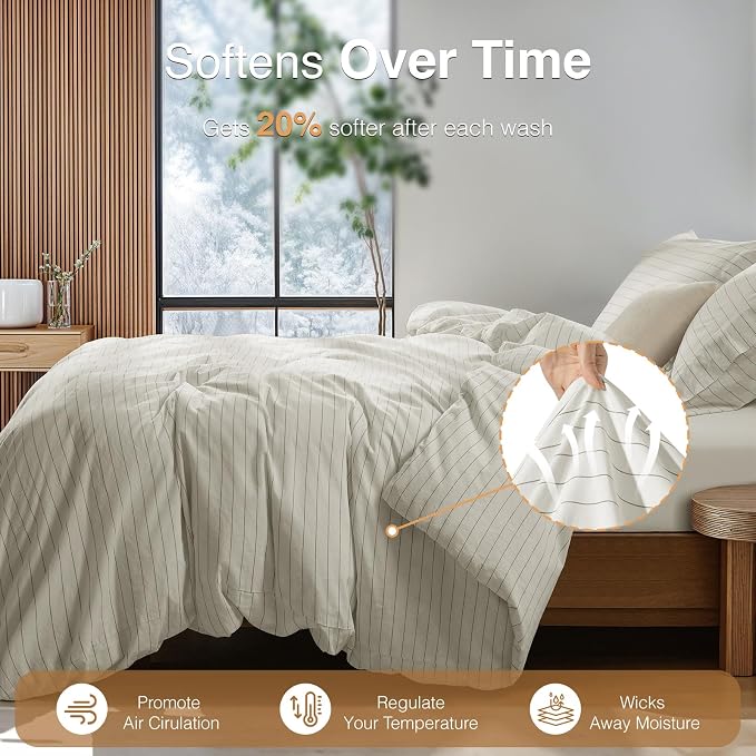 SONORO KATE 100% French Linen Duvet Cover Queen Size, Soft Breathable for Hot Sleepers, Moisture Wicking & Durable Cover Set - Zipper Closure & 4 Corner Ties - 3 PC (White & Dark Grey Stripes)
