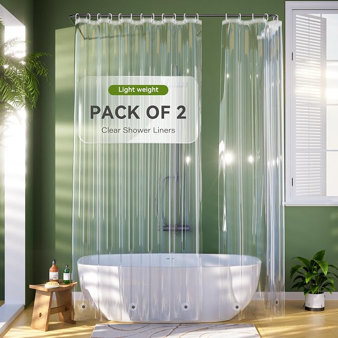 2 Pack Extra Long Shower Curtain Liner 72 x 96 Inches, Lightweight Waterproof Plastic Shower Curtain Liner for Tall Showers with 3 Stronger Magnetic Weights, Long Clear Shower Liner