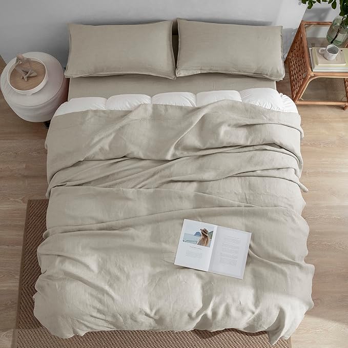 EVERLY Linen Sheets Set King Size,100% French Stonewash Pure Linen Bed Sheets,4Pieces (1Flat Sheet,1Fitted Sheet,2Pillowcase) Suitable for Hot Sleepers,Not Dyed Deep Pocket Natural Bedding Set
