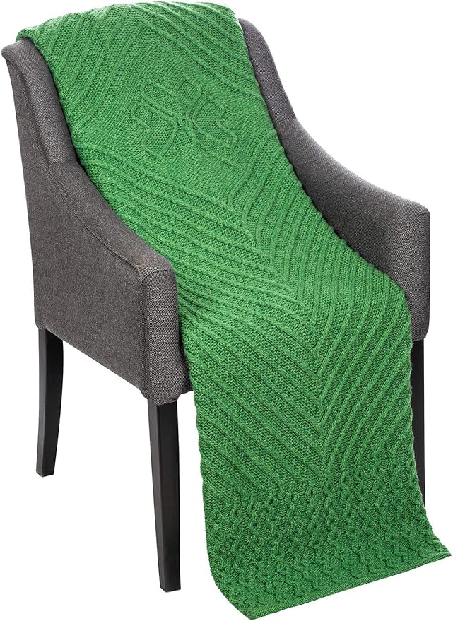 SAOL Irish Throw with Shamrock - 100% Merino Wool Aran Couch Blanket 48'' x 68'' (122 x 173 cm) (Green)