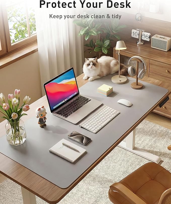 Aothia Faux Leather Desk Mat - Large Mouse Pad, Non-Slip PU Leather Blotter, Waterproof Writing Surface for Office and Home (Light Grey, 42" x 17")