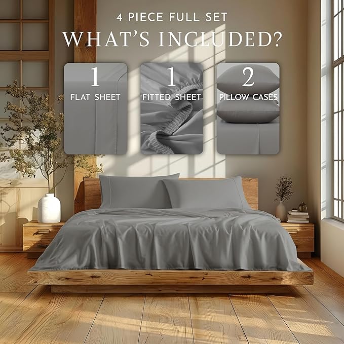 Linen Closet 4Pc 100% Organic Cotton Full Size Sheets Set, Grey, 300 Thread Count, Naturally Derived EarthColors, Deep Pocket Fitted Sheet (Up to 18"), Soft Bed Sheets Set, Juego De Sábanas Full