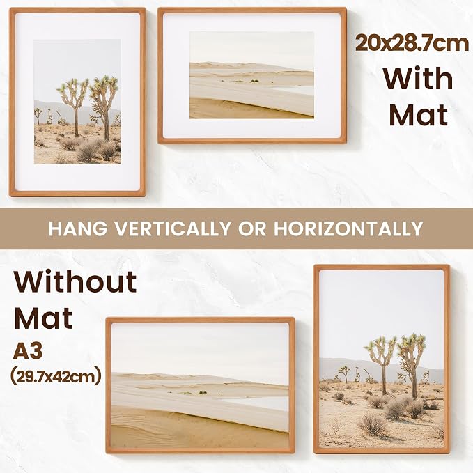 A3 Picture Frame, USA-Sourced Teak Wood Photo Frames with HD Tempered Glass, Handcrafted Rounded Corner A3 Wooden Frame Matted to A4 Photos, Tabletop or Wall Display
