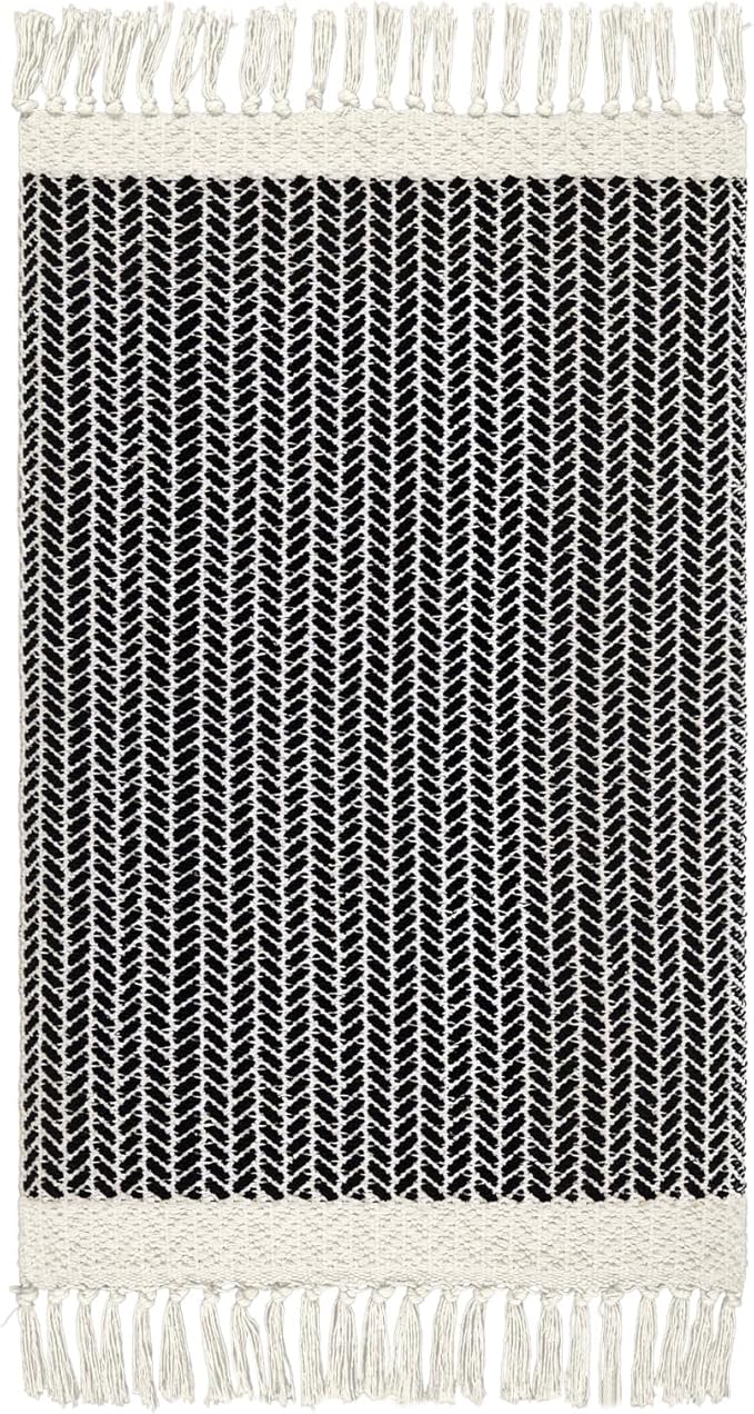 Lahome Belle Boho Bathroom Rugs, Small 2x3 Front Door Mat Lightweight Kitchen Rug Woven Cotton Area Rug with Tassels, Farmhouse Washable Black and White Throw Rug Low Pile Carpet for Entry Laundry