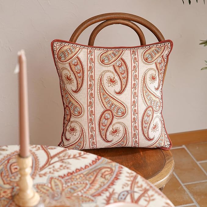 ISAENNE Design Linen Classic Vintage Throw Pillow Covers 18"x18" Pack of 2, Square Cushion Covers with Orange Yellow Paisley Style Pattern Decoration Pillowcases for Bed,Living Room,Outdoor,Car