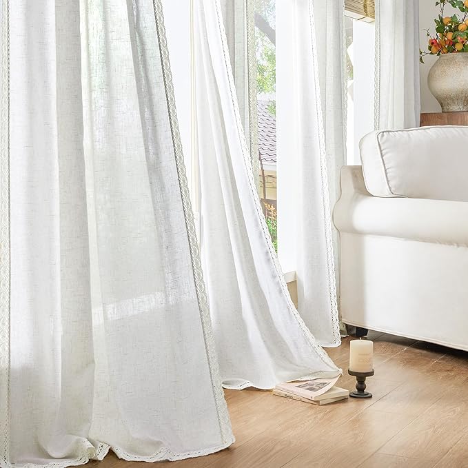 jinchan Linen Curtains for Living Room Bedroom Light Filtering Semi Sheer Curtains Boho Farmhouse French Country Cottage Core Decor Window Drapes Back Tab 84 Inch Length Laced Off White