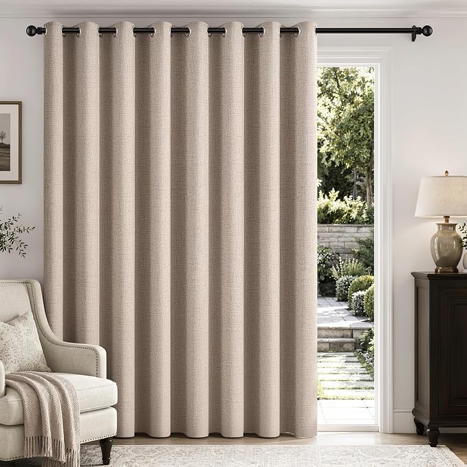 MIULEE Extra Wide 100% Blackout Curtains for Sliding Glass Doors Linen Textured W100 x L84 inch Panel Beige Thermal Insulated Grommet Room Darkening Drapes for Patio Living Room Bedroom, 1 Panel Set