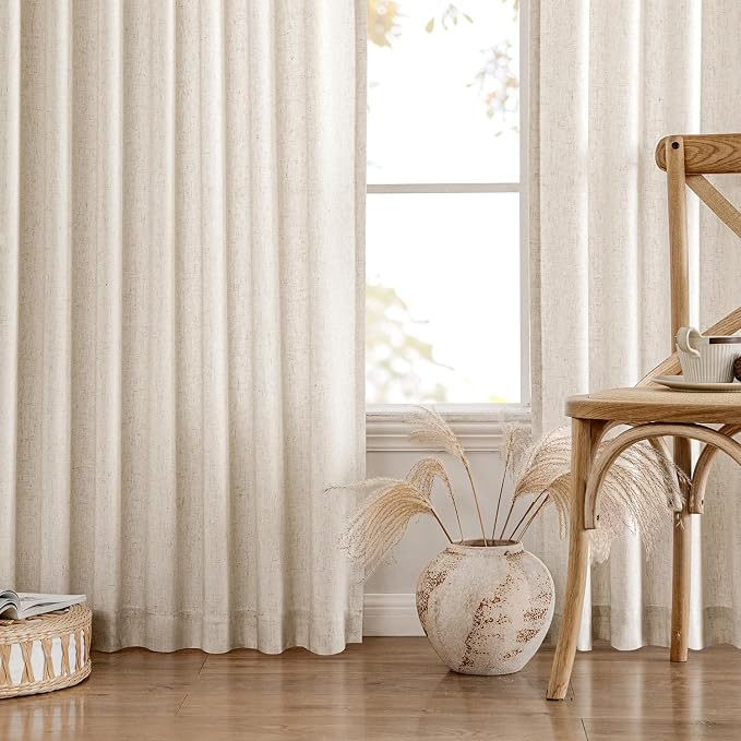 MIULEE Non-See-Through Privacy Linen Curtains 2 Panels, Light Filtering Window Curtains Farn House Textured Back Tab Semi Sheer Drapes for Bedroom Living Room, 52 x 63 Inches Long, Birch