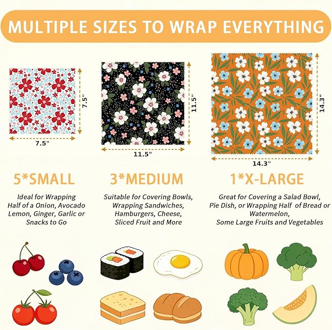 Reusable Beeswax Wraps, 9 Pack Eco-Friendly Food Storage, Organic, Sustainable, Zero Waste, Plastic-Free, For Sandwich, Snack, Bowl, Bread, Fruit, 1XL, 3M, 5S, Assorted Floral Patterns