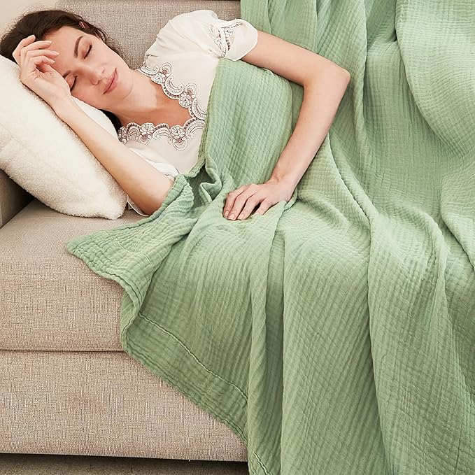EMME Cotton Summer Throw Blanket for Couch Soft Muslin Blankets 50"x60" Lightweight Breathable All Season Gauze, Sage Green
