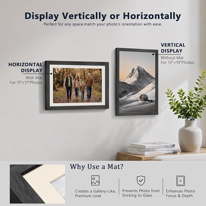 VCK 13x19 Picture Frames Black 3 Pack, Wide Border Solid Wood, Tempered Glass, Display 11x17 Photo with Mat or 13 x 19 without, for Home, Office, Gallery, Woodgrain Series, Wall Hanging