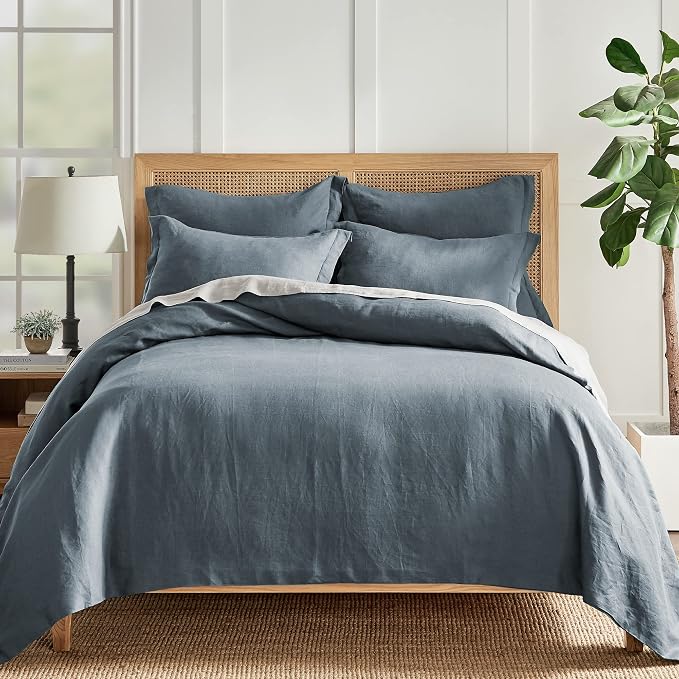Levtex Home - 100% French Flax Linen - King Duvet Cover - French Flax Washed Linen - Denim Blue - Duvet Cover Size (106x94in.)