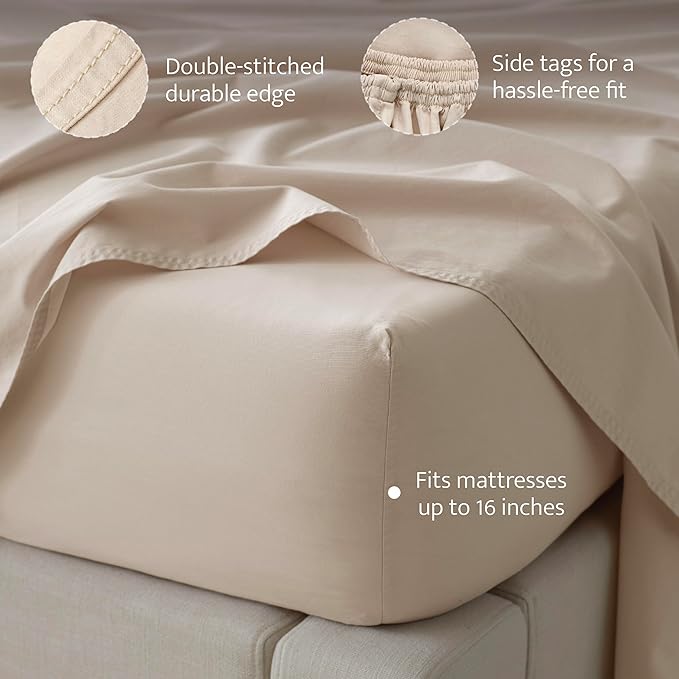Double Stitch 100% Organic Cotton Sheets, King Size Sheets Set, GOTS Certified Long Staple Cotton Bedsheets, Luxury & Soft Hotel Bed Sheets with 16 inches Deep Pocket, Made in India Beige