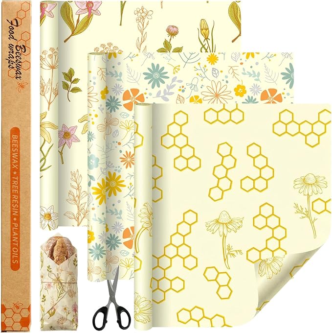 3 Rolls Beeswax Wraps for Food 13'' x 59'' Bees Wax Wraps Reusable Bees Beeswax Storage Wrap for Food Sustainable Honeycomb Floral Organic Cotton Wrap for Bread Sandwich Cheese Fruit