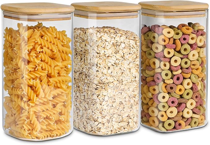 ComSaf 1.6 Qt Square Glass Jars with Bamboo Lids Set of 3, Space-Saving Glass Pantry Storage Containers, Airtight Clear Glass Storage Containers with Wide 3.9" Mouth for Coffee, Sugar, Short Pasta