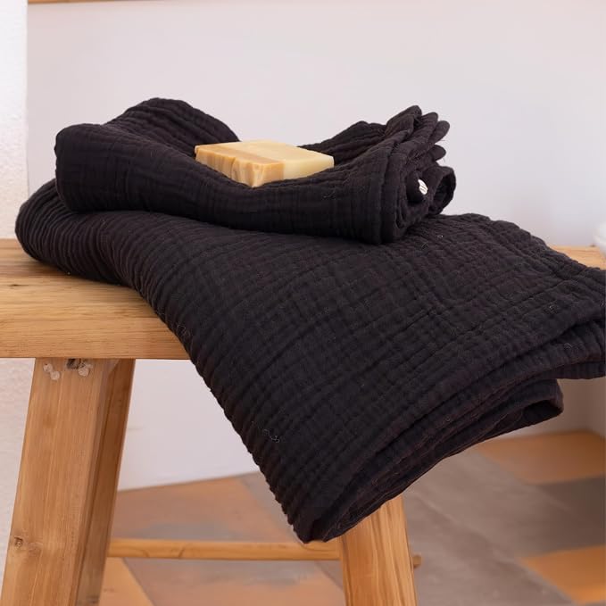Ultra Soft Muslin Towel Adult Set, 100% Turkish Cotton 4-Layer 2 Pieces Luxury Muslin Hand & Bath Towels Sets for Bathroom (Black, 1 Bath & 1 Hand Towel Set)