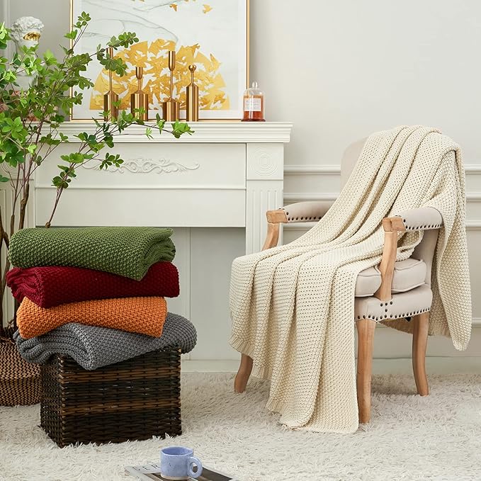 Longhui bedding Chunky Cable Knit Throw Blanket Lightweight Burgundy 100% Organic Cotton Blanket for Sofa Couch Bed Baby Nursery, Rustic Shabby Chic Modern Farmhouse, 51” x 63” Give Laundering Bag