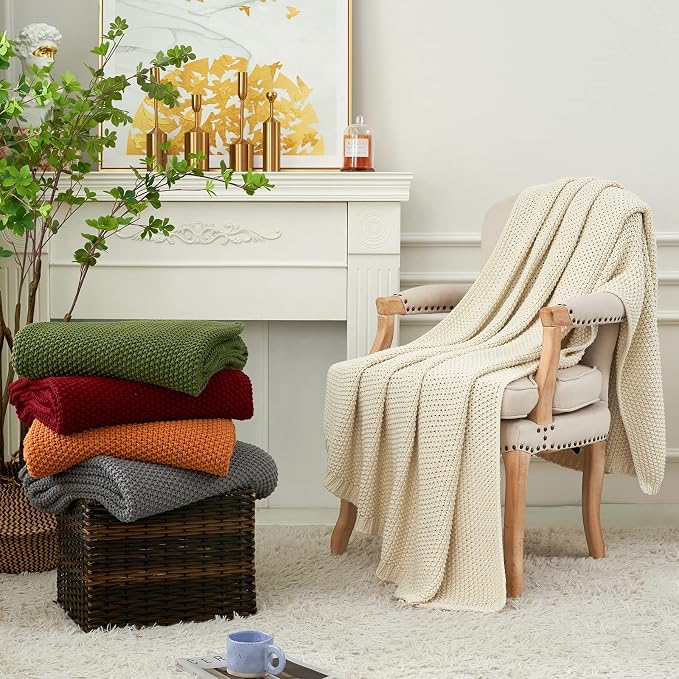 Longhui bedding Chunky Cable Knit Throw Blanket Lightweight Cream 100% Organic Cotton Blanket for Sofa Couch Bed Baby Nursery, Rustic Shabby Chic Modern Farmhouse, 51” x 63” Give Laundering Bag
