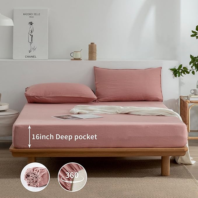 EVERLY Linen Sheets Set Full Size,100% French Stonewash Pure Linen Sheets Set,4Pieces (1Flat Sheet,1Fitted Sheet,2Pillowcase) Suitable for Hot Sleepers,Deep Pocket Natural Bedding Set-Pink