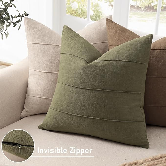 ZWJD Christmas Linen Throw Pillow Covers 26x26 Set of 2 Solid Handcrafted Striped Cushion Covers for Bed Soft Xmas Decorative Pillow Covers for Couch Bedroom Living Room Christmas Decor(Olive Green)