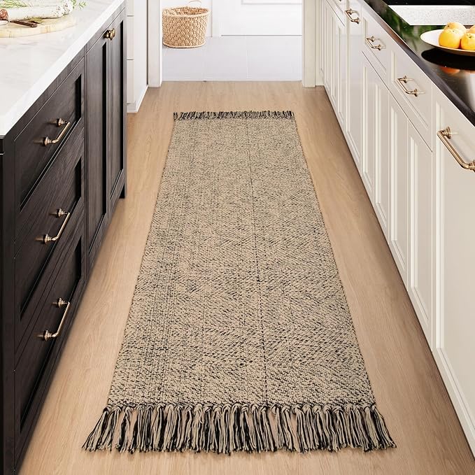 Collive Farmhouse Hallway Runner Rug, 2x6 Hand-Woven Reversible Washable Runners for Kitchen Floor, Natural/Black Cotton Laundry Room Rugs Modern Boho Kitchen Sink Carpet for Bathroom Foyer Bedroom