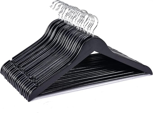 JS Hanger Wooden Coat Hangers, 20 Pack High Grade Wood Suit Hangers with Non Slip Pant Bar - Extra Smooth and Splinter Free Black Finish Wooden Suit Hangers for Closet Organization