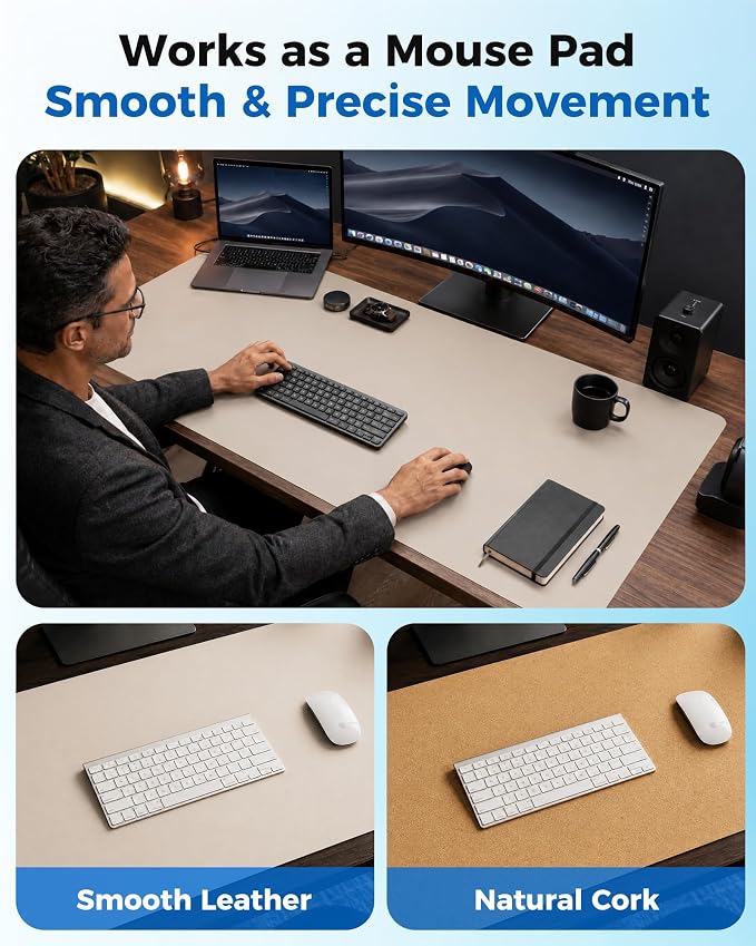 Aothia Dual-Sided Desk Mat, FSC Cork & PU Leather Desk Pad, Large Mouse Pad & Writing Surface for Extended Desk Setup, Non-Slip Waterproof Desk Protector - 47" x 17", Cream